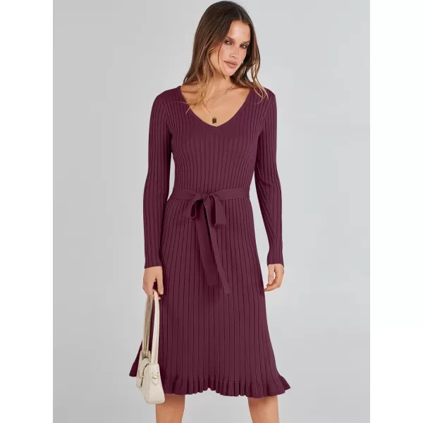 imageANRABESS Womens 2023 Fall Sweater Dress Long Sleeve V Neck Pleated Slim Ribbed Knit Midi Dresses with BeltWine Red