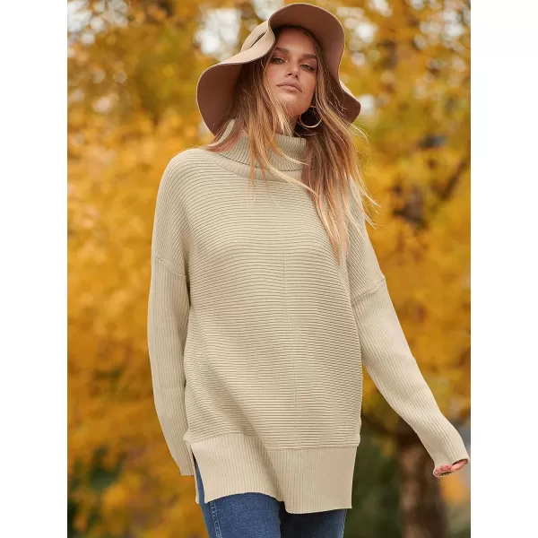 imageANRABESS Womens 2023 Fall Sweaters Oversized Turtleneck Long Batwing Sleeve Split Hem Pullover Knit Sweater TopsApricot