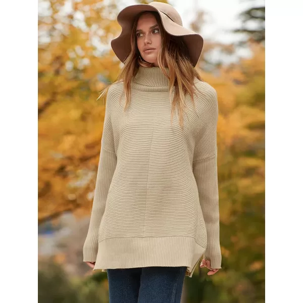 imageANRABESS Womens 2023 Fall Sweaters Oversized Turtleneck Long Batwing Sleeve Split Hem Pullover Knit Sweater TopsApricot