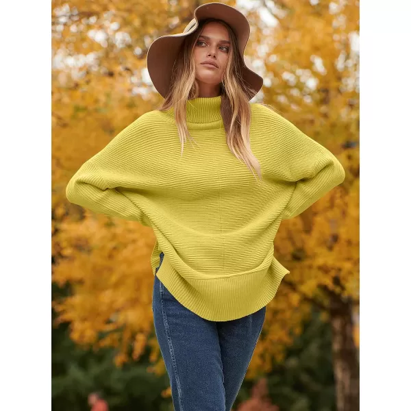 imageANRABESS Womens 2023 Fall Sweaters Oversized Turtleneck Long Batwing Sleeve Split Hem Pullover Knit Sweater TopsBright Yellow
