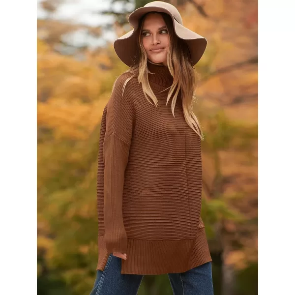 imageANRABESS Womens 2023 Fall Sweaters Oversized Turtleneck Long Batwing Sleeve Split Hem Pullover Knit Sweater TopsBrown