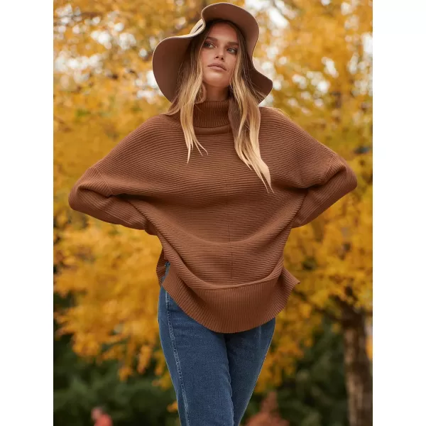 imageANRABESS Womens 2023 Fall Sweaters Oversized Turtleneck Long Batwing Sleeve Split Hem Pullover Knit Sweater TopsBrown