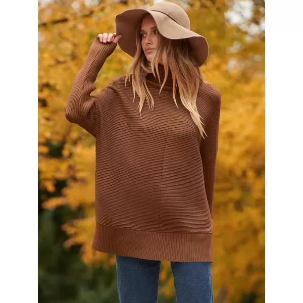 imageANRABESS Womens 2023 Fall Sweaters Oversized Turtleneck Long Batwing Sleeve Split Hem Pullover Knit Sweater TopsBrown