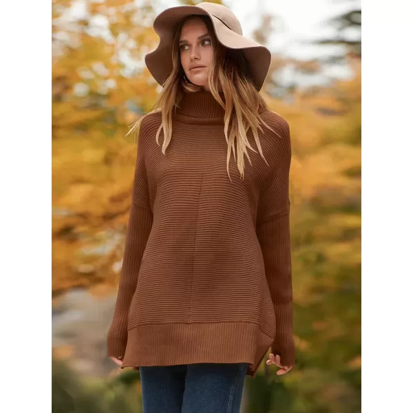 imageANRABESS Womens 2023 Fall Sweaters Oversized Turtleneck Long Batwing Sleeve Split Hem Pullover Knit Sweater TopsBrown