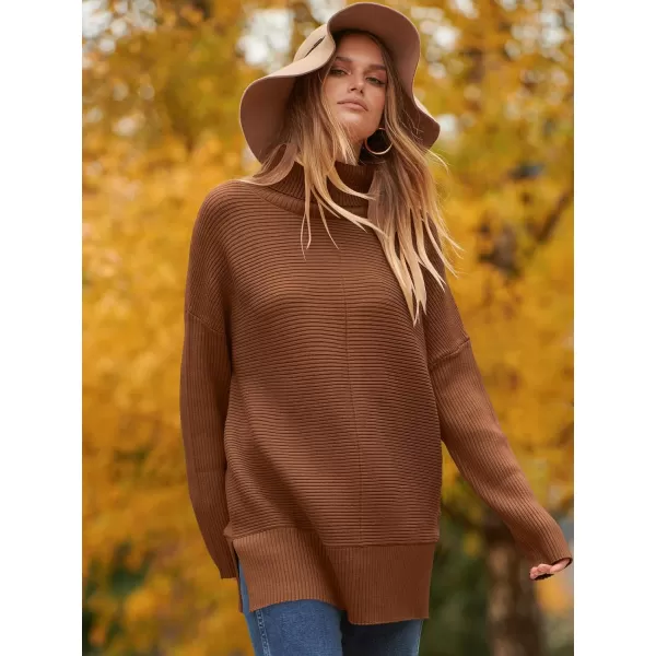 imageANRABESS Womens 2023 Fall Sweaters Oversized Turtleneck Long Batwing Sleeve Split Hem Pullover Knit Sweater TopsBrown