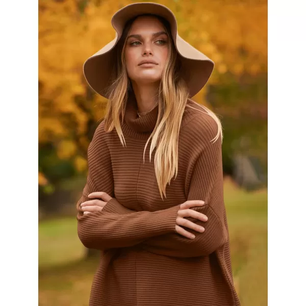 imageANRABESS Womens 2023 Fall Sweaters Oversized Turtleneck Long Batwing Sleeve Split Hem Pullover Knit Sweater TopsBrown