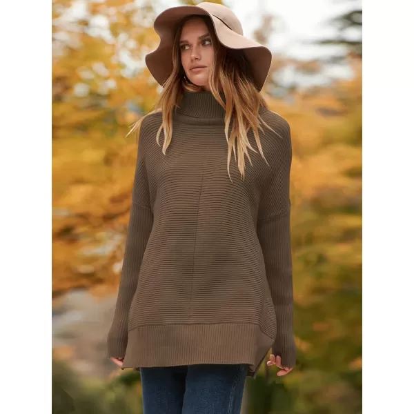 imageANRABESS Womens 2023 Fall Sweaters Oversized Turtleneck Long Batwing Sleeve Split Hem Pullover Knit Sweater TopsCamel