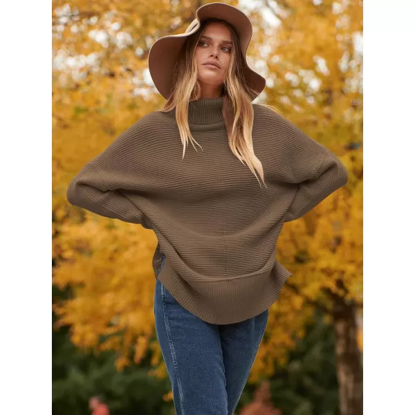 imageANRABESS Womens 2023 Fall Sweaters Oversized Turtleneck Long Batwing Sleeve Split Hem Pullover Knit Sweater TopsCamel