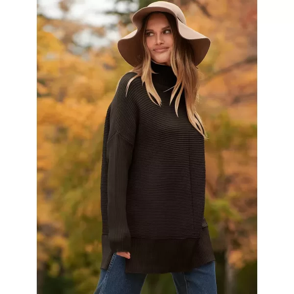 imageANRABESS Womens 2023 Fall Sweaters Oversized Turtleneck Long Batwing Sleeve Split Hem Pullover Knit Sweater TopsCoffee
