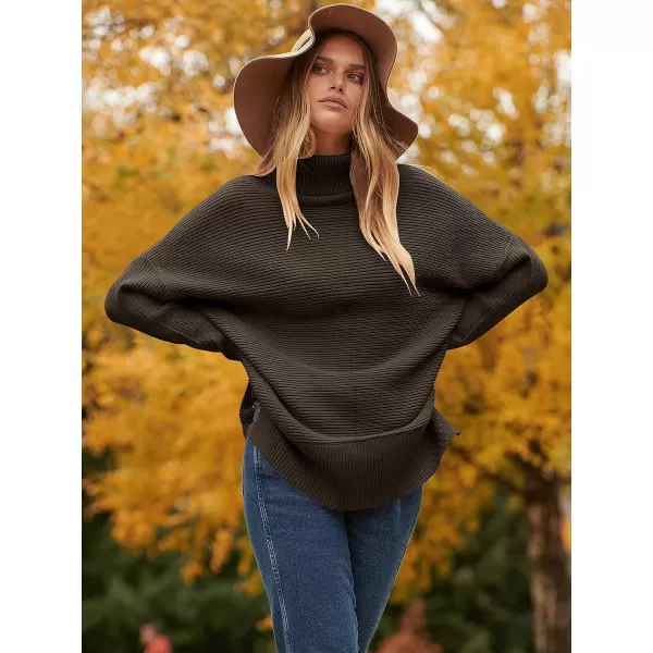 imageANRABESS Womens 2023 Fall Sweaters Oversized Turtleneck Long Batwing Sleeve Split Hem Pullover Knit Sweater TopsCoffee