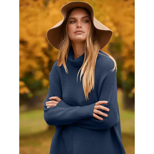 imageANRABESS Womens 2023 Fall Sweaters Oversized Turtleneck Long Batwing Sleeve Split Hem Pullover Knit Sweater TopsDark Blue