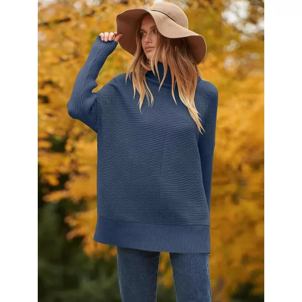 imageANRABESS Womens 2023 Fall Sweaters Oversized Turtleneck Long Batwing Sleeve Split Hem Pullover Knit Sweater TopsDark Blue