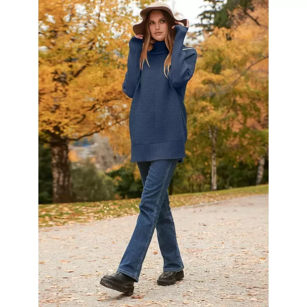 imageANRABESS Womens 2023 Fall Sweaters Oversized Turtleneck Long Batwing Sleeve Split Hem Pullover Knit Sweater TopsDark Blue
