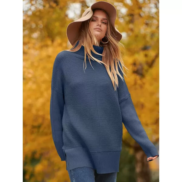 imageANRABESS Womens 2023 Fall Sweaters Oversized Turtleneck Long Batwing Sleeve Split Hem Pullover Knit Sweater TopsDark Blue
