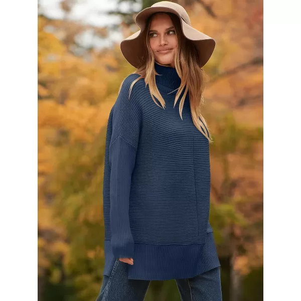 imageANRABESS Womens 2023 Fall Sweaters Oversized Turtleneck Long Batwing Sleeve Split Hem Pullover Knit Sweater TopsDark Blue