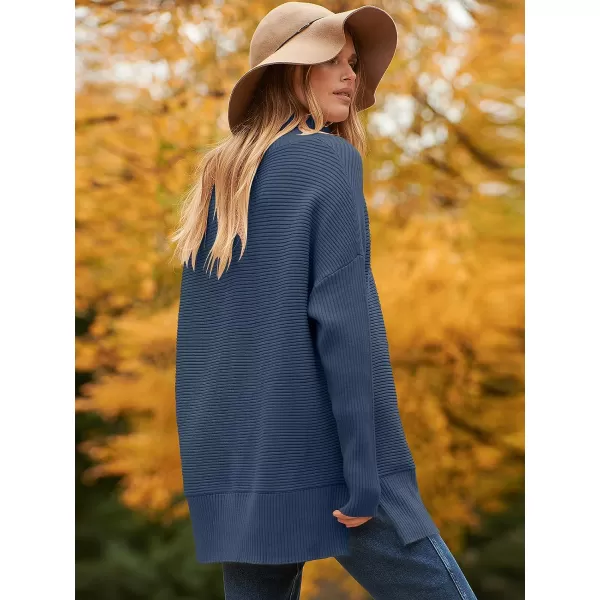 imageANRABESS Womens 2023 Fall Sweaters Oversized Turtleneck Long Batwing Sleeve Split Hem Pullover Knit Sweater TopsDark Blue