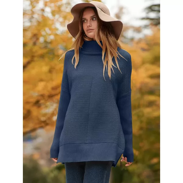 imageANRABESS Womens 2023 Fall Sweaters Oversized Turtleneck Long Batwing Sleeve Split Hem Pullover Knit Sweater TopsDark Blue
