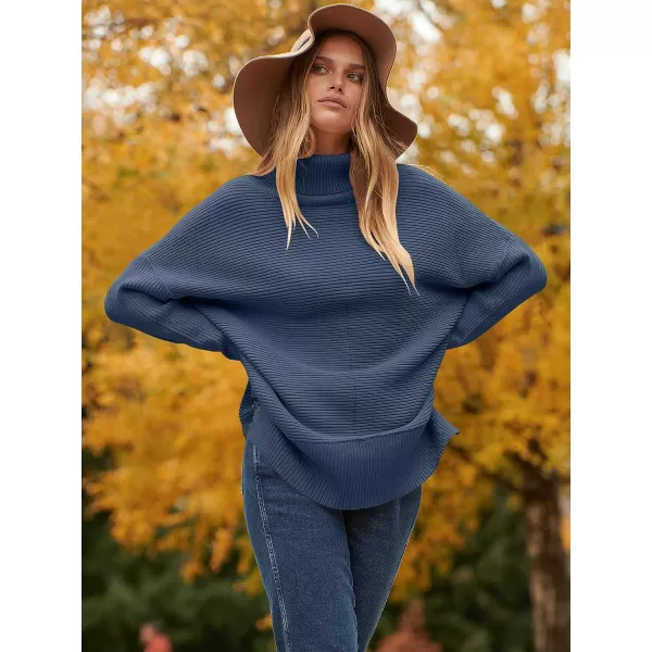 imageANRABESS Womens 2023 Fall Sweaters Oversized Turtleneck Long Batwing Sleeve Split Hem Pullover Knit Sweater TopsDark Blue