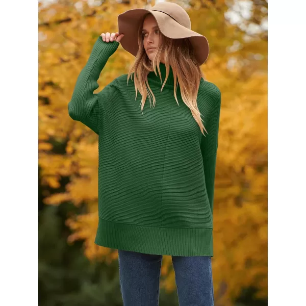 imageANRABESS Womens 2023 Fall Sweaters Oversized Turtleneck Long Batwing Sleeve Split Hem Pullover Knit Sweater TopsDark Green