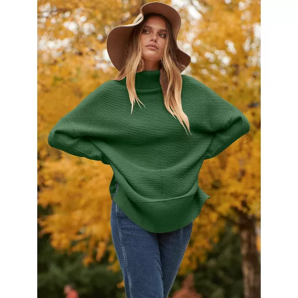 imageANRABESS Womens 2023 Fall Sweaters Oversized Turtleneck Long Batwing Sleeve Split Hem Pullover Knit Sweater TopsDark Green