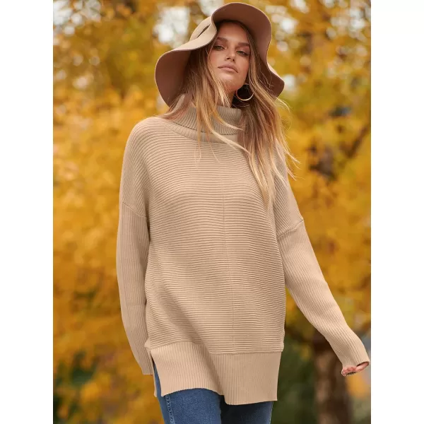 imageANRABESS Womens 2023 Fall Sweaters Oversized Turtleneck Long Batwing Sleeve Split Hem Pullover Knit Sweater TopsDeep Apricot