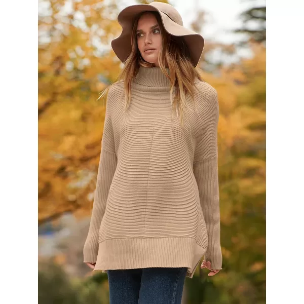imageANRABESS Womens 2023 Fall Sweaters Oversized Turtleneck Long Batwing Sleeve Split Hem Pullover Knit Sweater TopsDeep Apricot