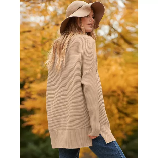 imageANRABESS Womens 2023 Fall Sweaters Oversized Turtleneck Long Batwing Sleeve Split Hem Pullover Knit Sweater TopsDeep Apricot