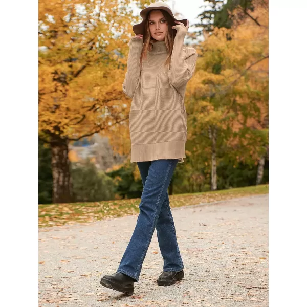 imageANRABESS Womens 2023 Fall Sweaters Oversized Turtleneck Long Batwing Sleeve Split Hem Pullover Knit Sweater TopsDeep Apricot