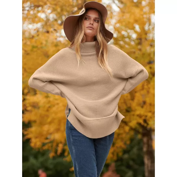 imageANRABESS Womens 2023 Fall Sweaters Oversized Turtleneck Long Batwing Sleeve Split Hem Pullover Knit Sweater TopsDeep Apricot