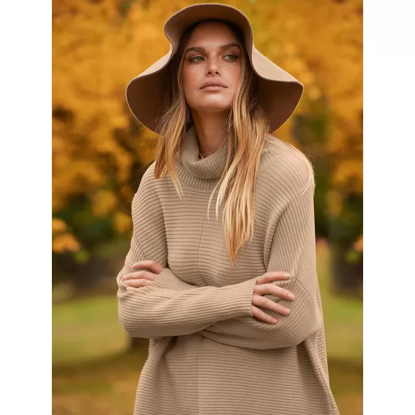 imageANRABESS Womens 2023 Fall Sweaters Oversized Turtleneck Long Batwing Sleeve Split Hem Pullover Knit Sweater TopsDeep Apricot