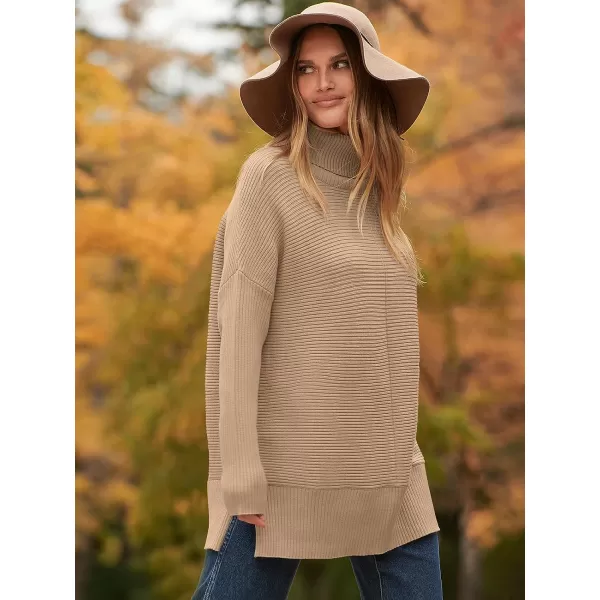 imageANRABESS Womens 2023 Fall Sweaters Oversized Turtleneck Long Batwing Sleeve Split Hem Pullover Knit Sweater TopsDeep Apricot