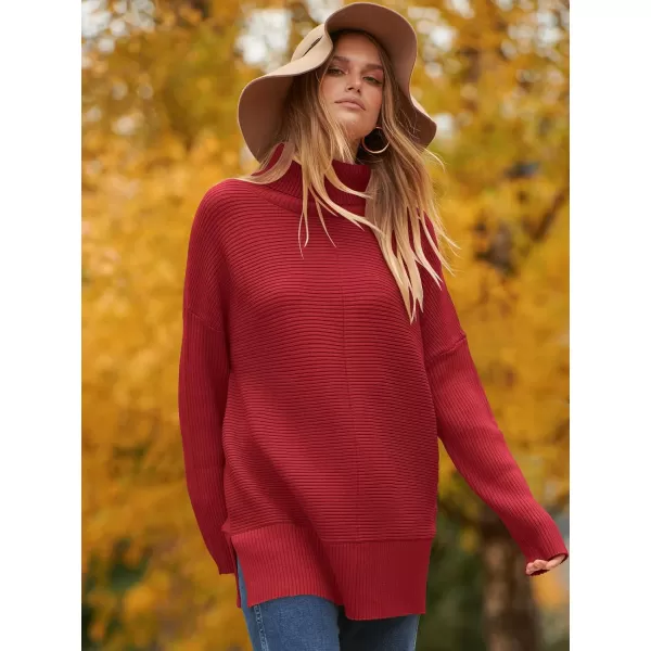 imageANRABESS Womens 2023 Fall Sweaters Oversized Turtleneck Long Batwing Sleeve Split Hem Pullover Knit Sweater TopsDeep Red