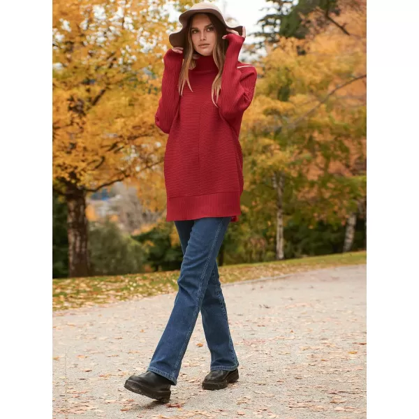 imageANRABESS Womens 2023 Fall Sweaters Oversized Turtleneck Long Batwing Sleeve Split Hem Pullover Knit Sweater TopsDeep Red