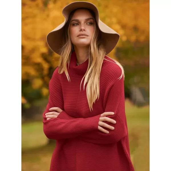 imageANRABESS Womens 2023 Fall Sweaters Oversized Turtleneck Long Batwing Sleeve Split Hem Pullover Knit Sweater TopsDeep Red