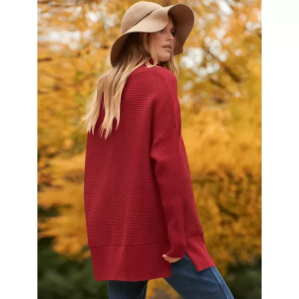 imageANRABESS Womens 2023 Fall Sweaters Oversized Turtleneck Long Batwing Sleeve Split Hem Pullover Knit Sweater TopsDeep Red