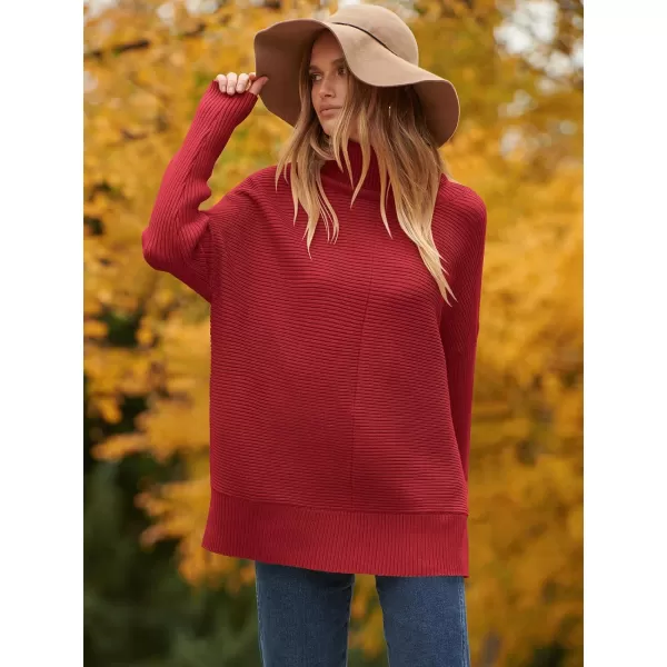 imageANRABESS Womens 2023 Fall Sweaters Oversized Turtleneck Long Batwing Sleeve Split Hem Pullover Knit Sweater TopsDeep Red