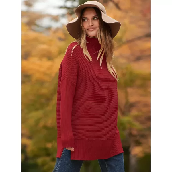 imageANRABESS Womens 2023 Fall Sweaters Oversized Turtleneck Long Batwing Sleeve Split Hem Pullover Knit Sweater TopsDeep Red