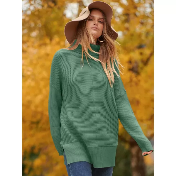 imageANRABESS Womens 2023 Fall Sweaters Oversized Turtleneck Long Batwing Sleeve Split Hem Pullover Knit Sweater TopsGreen