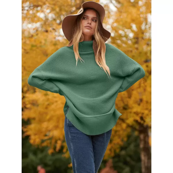 imageANRABESS Womens 2023 Fall Sweaters Oversized Turtleneck Long Batwing Sleeve Split Hem Pullover Knit Sweater TopsGreen