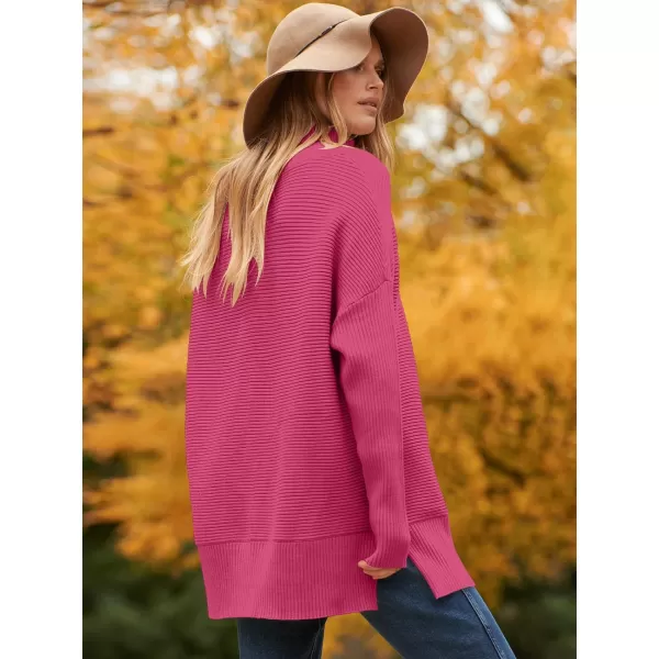 imageANRABESS Womens 2023 Fall Sweaters Oversized Turtleneck Long Batwing Sleeve Split Hem Pullover Knit Sweater TopsHot Pink