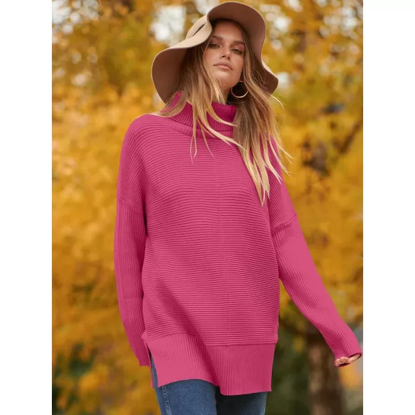imageANRABESS Womens 2023 Fall Sweaters Oversized Turtleneck Long Batwing Sleeve Split Hem Pullover Knit Sweater TopsHot Pink
