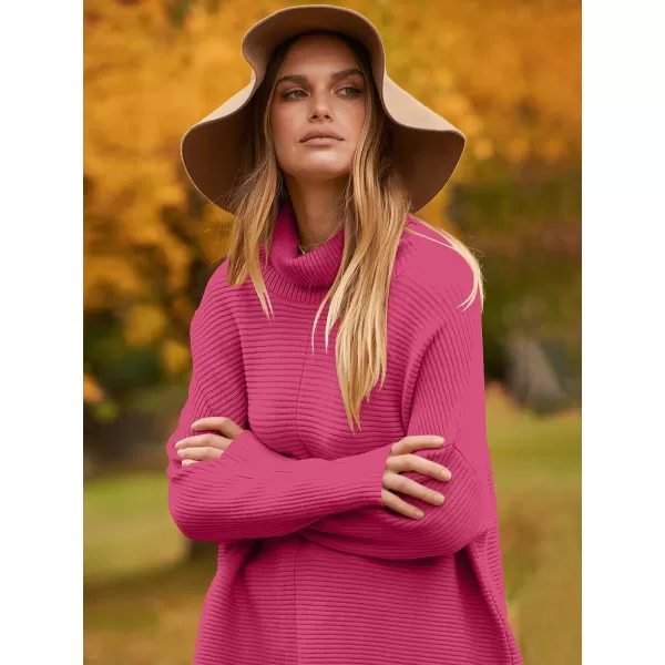 imageANRABESS Womens 2023 Fall Sweaters Oversized Turtleneck Long Batwing Sleeve Split Hem Pullover Knit Sweater TopsHot Pink