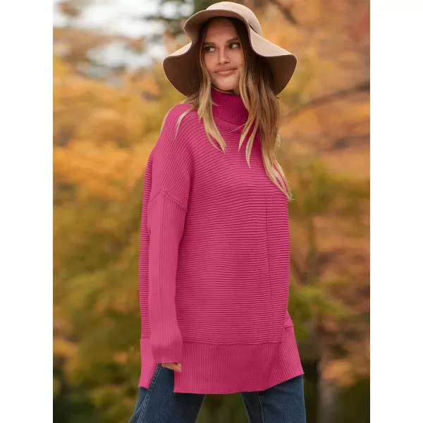 imageANRABESS Womens 2023 Fall Sweaters Oversized Turtleneck Long Batwing Sleeve Split Hem Pullover Knit Sweater TopsHot Pink