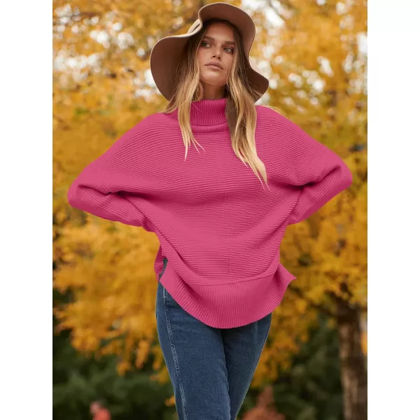 imageANRABESS Womens 2023 Fall Sweaters Oversized Turtleneck Long Batwing Sleeve Split Hem Pullover Knit Sweater TopsHot Pink