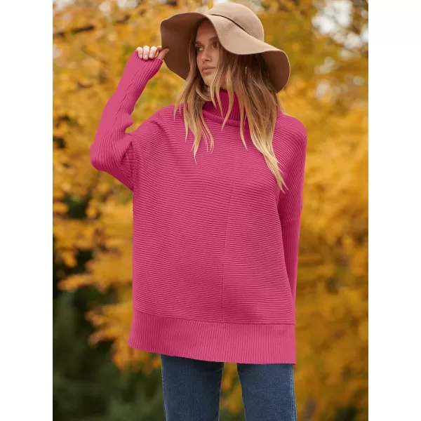 imageANRABESS Womens 2023 Fall Sweaters Oversized Turtleneck Long Batwing Sleeve Split Hem Pullover Knit Sweater TopsHot Pink