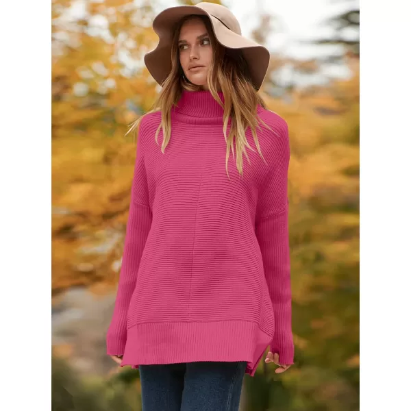 imageANRABESS Womens 2023 Fall Sweaters Oversized Turtleneck Long Batwing Sleeve Split Hem Pullover Knit Sweater TopsHot Pink