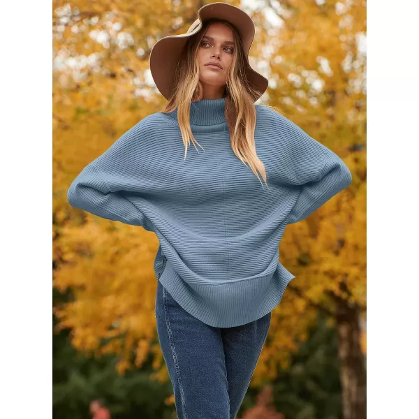 imageANRABESS Womens 2023 Fall Sweaters Oversized Turtleneck Long Batwing Sleeve Split Hem Pullover Knit Sweater TopsIndigo