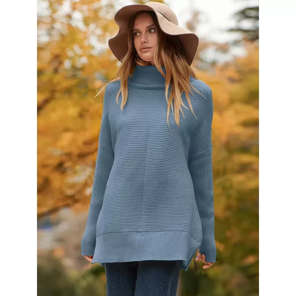 imageANRABESS Womens 2023 Fall Sweaters Oversized Turtleneck Long Batwing Sleeve Split Hem Pullover Knit Sweater TopsIndigo