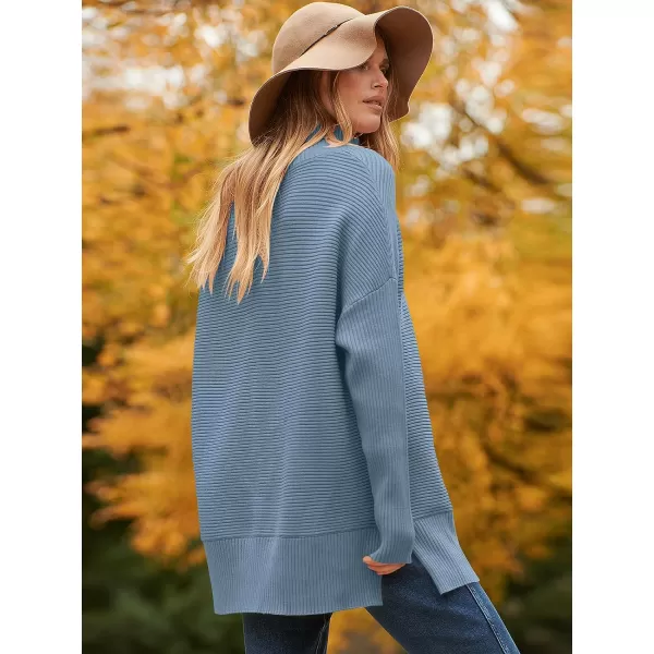 imageANRABESS Womens 2023 Fall Sweaters Oversized Turtleneck Long Batwing Sleeve Split Hem Pullover Knit Sweater TopsIndigo