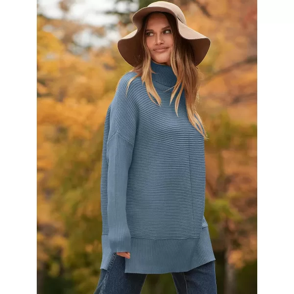 imageANRABESS Womens 2023 Fall Sweaters Oversized Turtleneck Long Batwing Sleeve Split Hem Pullover Knit Sweater TopsIndigo